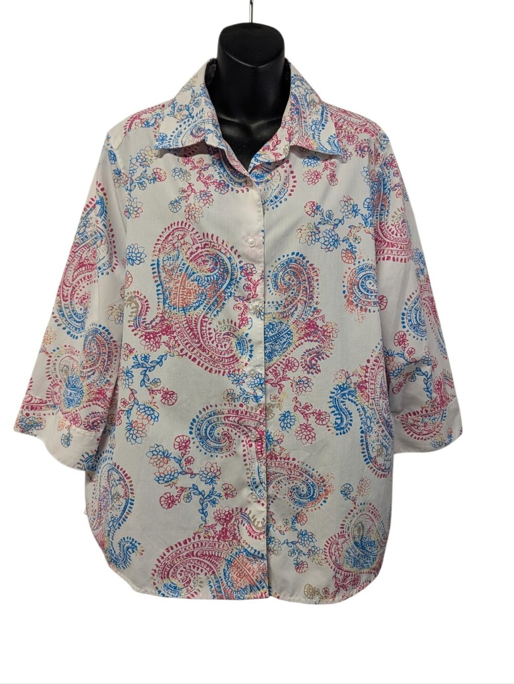 Foxcroft NYC Wrinkle Resistant Paisley Button-Up Collared 3/4 Sleeve Blouse 16W